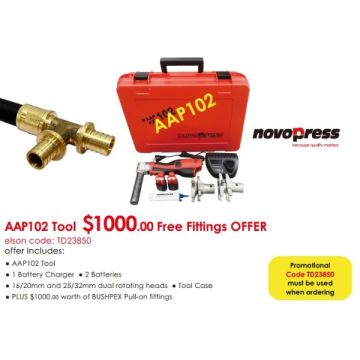 Bushpex PEX Pull On Novopress AAP102 12V Battery Tool Kit 16/20/25/32mm Includes $1000 Fittings PROMO