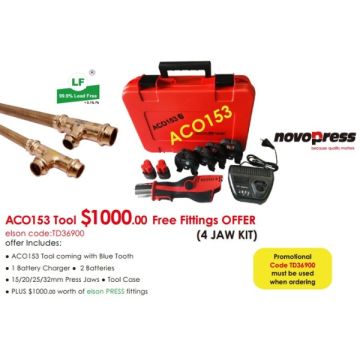 COPPER Press Novopress ACO153 12V Battery Tool Kit DN15/20/25/32mm Jaws, Case, 2 Batteries & Charger Includes $1000 Fittings PROMO 