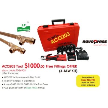 COPPER Press Novopress ACO203BT 18V Battery Tool Kit DN15/20/25/32mm Jaws, Case, 2 Batteries & Charger Includes $1000 Fittings PROMO 