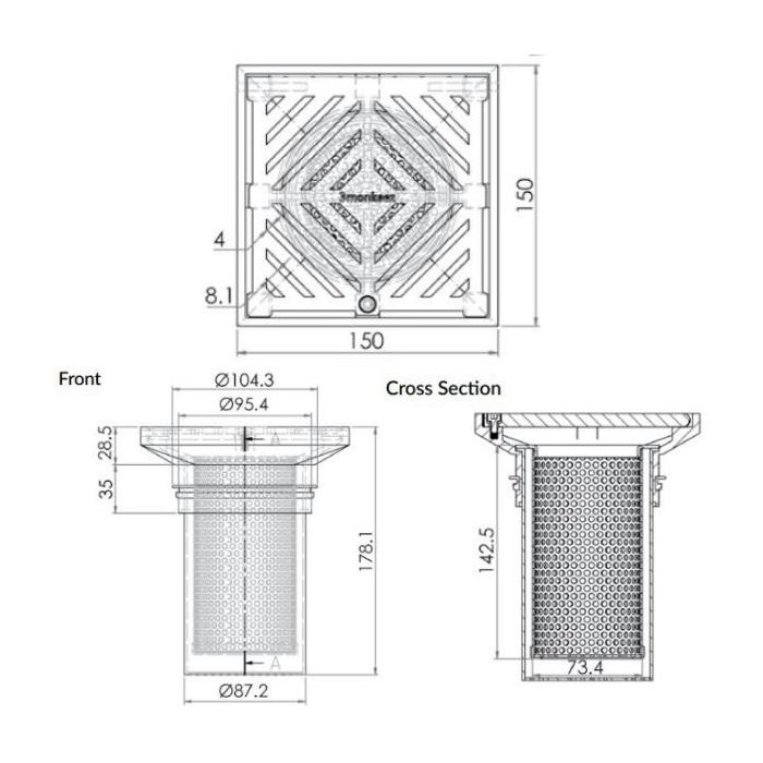 150mm Square Floor Grate Heel Proof & Strainer 304 Stainless 100mm Outlet FW-150BS-304