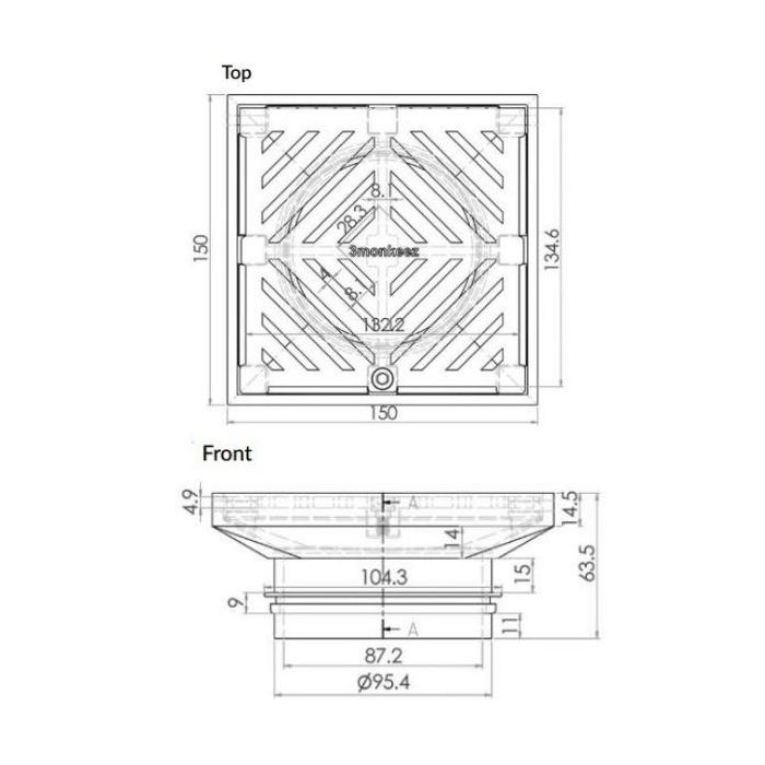 150mm Square Floor Grate Heel Proof 304 Stainless 100mm Outlet FW-150S-304