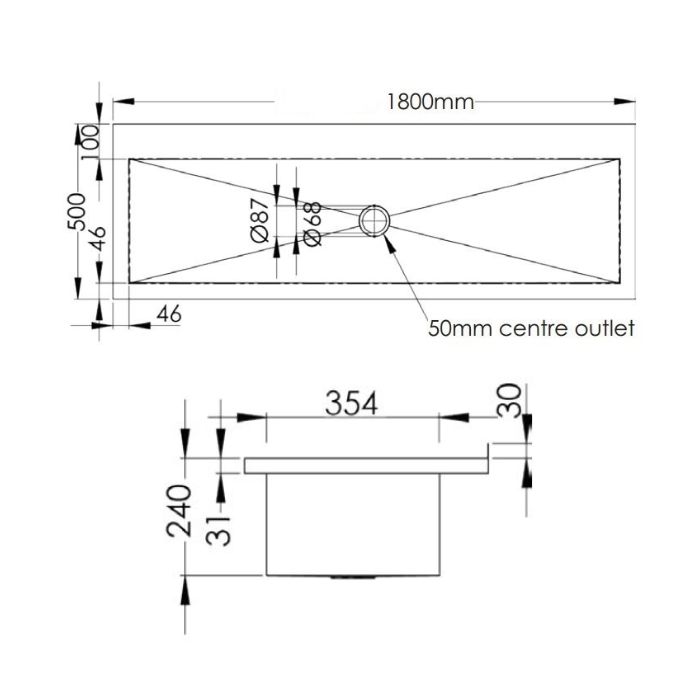 1800mm Pattern 4 Wash & Bubbler Trough Centre Outlet 304 Stainless Steel PT-4-1800 