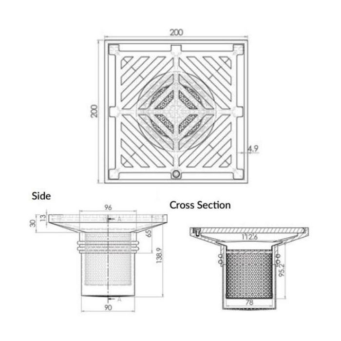 200mm Square Floor Waste Bucket Trap Grate Removable Strainer Stainless 304 FW-200BS-304 