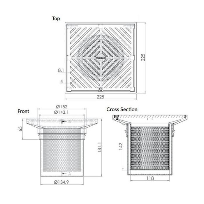 225mm Square Floor Grate Heel Proof & Strainer 304 Stainless 150mm Outlet FW-225BS-150-304