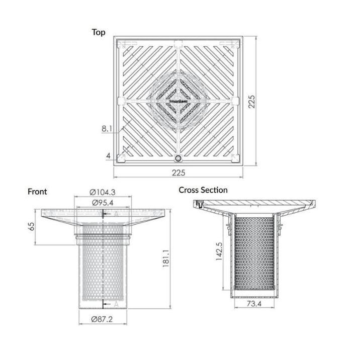 225mm Square Floor Grate Heel Proof & Strainer 304 Stainless 100mm Outlet FW-225BS-304
