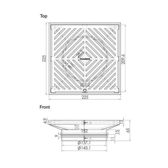 225mm Square Floor Grate Heel Proof 316 Stainless 150mm Outlet FW-225S-150-316
