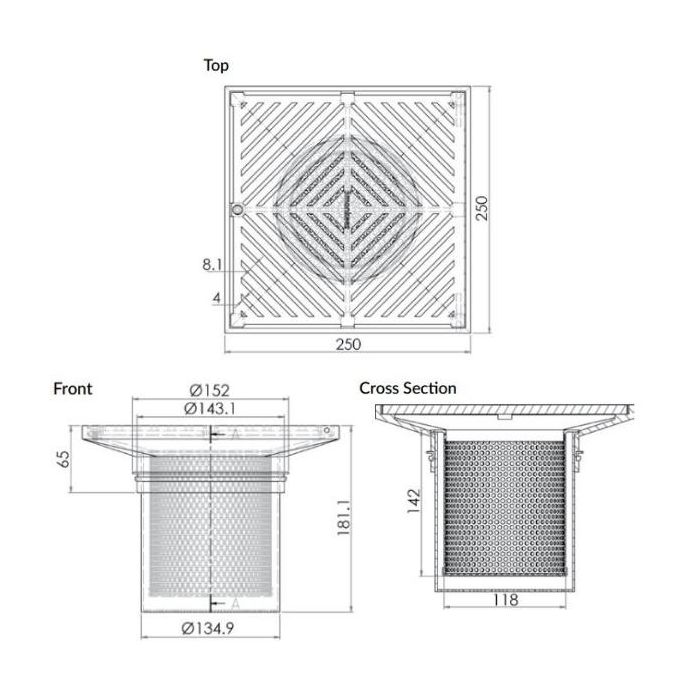 250mm Square Floor Grate Heel Proof & Strainer 316 Stainless 150mm Outlet FW-250BS-150-316