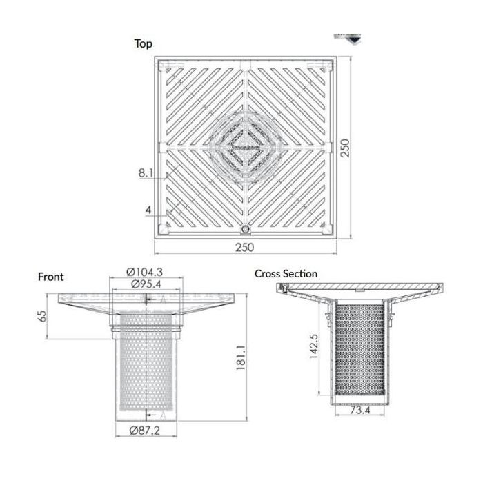 250mm Square Floor Grate Heel Proof & Strainer 316 Stainless 100mm Outlet FW-250BS-316 