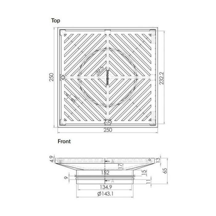 250mm Square Floor Grate Heel Proof 304 Stainless 150mm Outlet FW-250S-150-304 