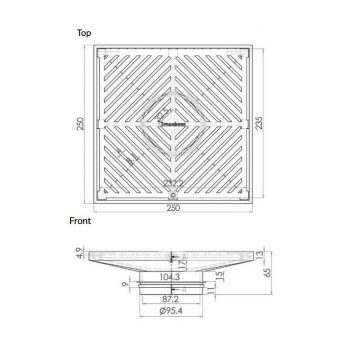 250mm Square Floor Grate Heel Proof 316 Stainless 100mm Outlet FW-250S-316 