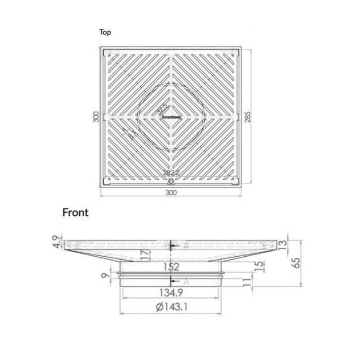 300mm Square Floor Grate Heel Proof 316 Stainless 150mm Outlet FW-300S-150-316