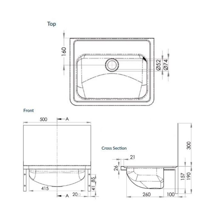Wall Hand Basin 500mm No Tap Hole With Splashback HB300SB 