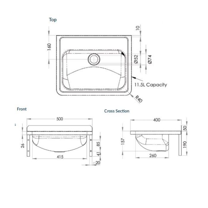 Wall Hand Basin 500mm No Tap Hole Stainless Steel HB-KIT 3monkeez