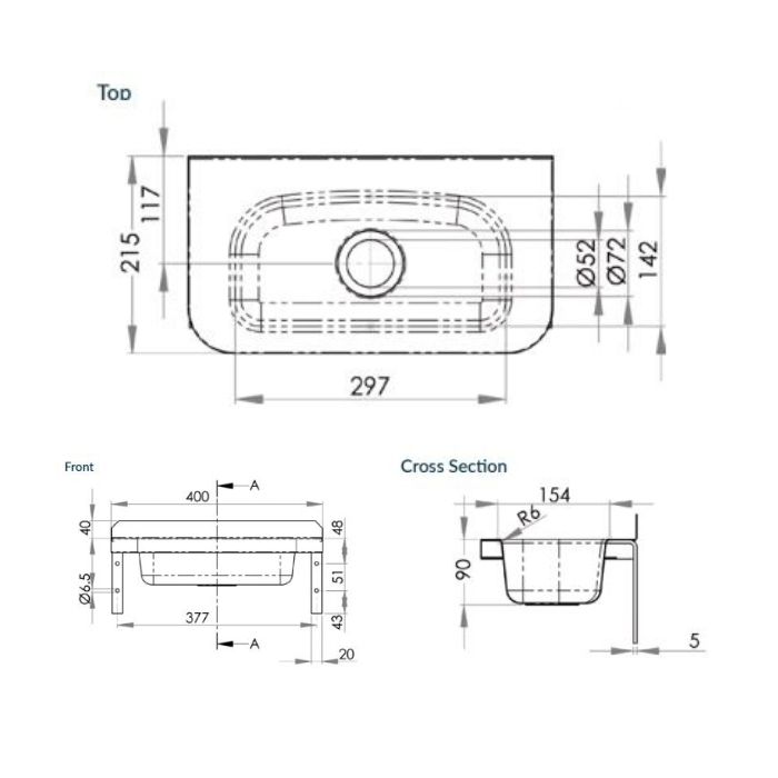 Compact Wall Hand Basin 400mm X 215mm Stainless Steel HBC 