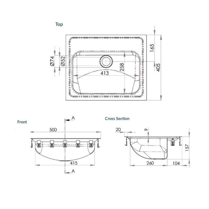 Inset Hand Basin 500 X 405 3 Tap Hole Stainless Steel HBF01-KIT3
