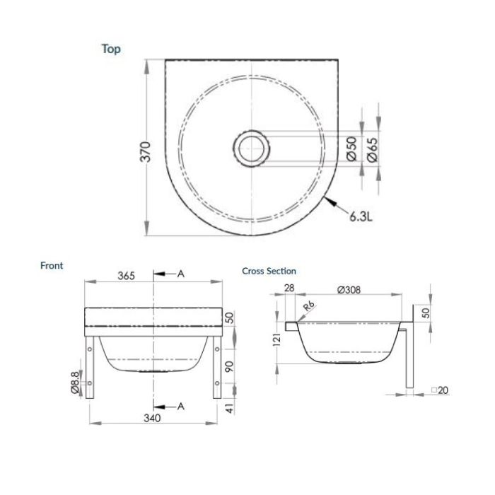Round Wall Hand Basin 365mm Stainless Steel HBR