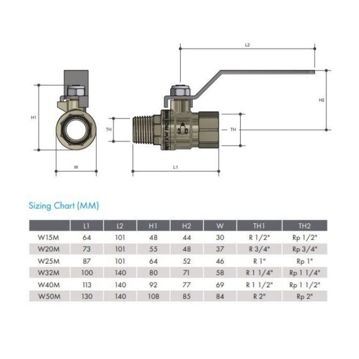 40mm Ball Valve Male x Female Lever Handle Gas Water Approved 1-1/2" BSP W40M