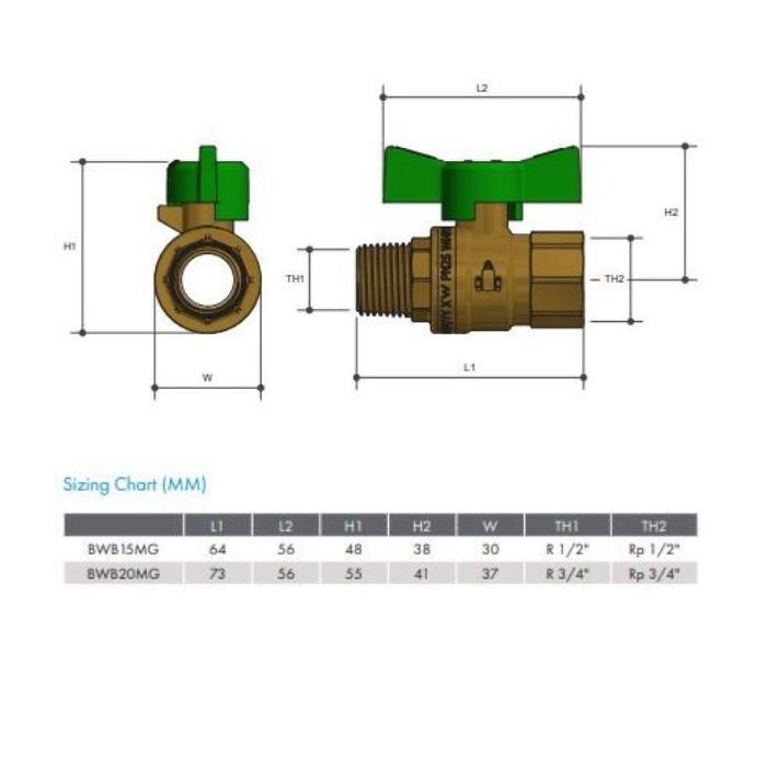 15mm M&F Butterfly Handle Ball Valve Brass Gas Water Approved 1/2" BSP BWB15MGLF 