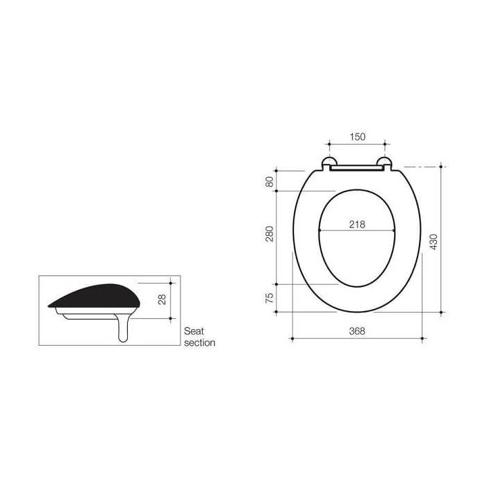 Caroma Caravelle Care Toilet Seat Sorrento Blue Single Flap 254007SB dimensions