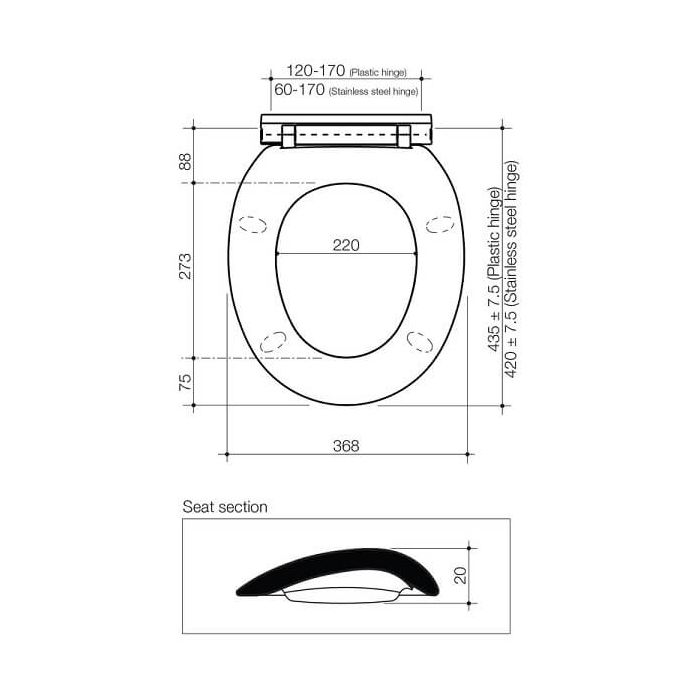 Caroma Caravelle Soft Close Toilet Seat White Quick Release Plastic Hinges 254003W dimensions