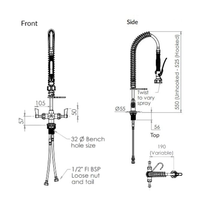 Clean A Jet Cafe Dual Hob Mount Pre Rinse Tap & Variable Trigger Spray 3Monkeez T-3M53007-C 