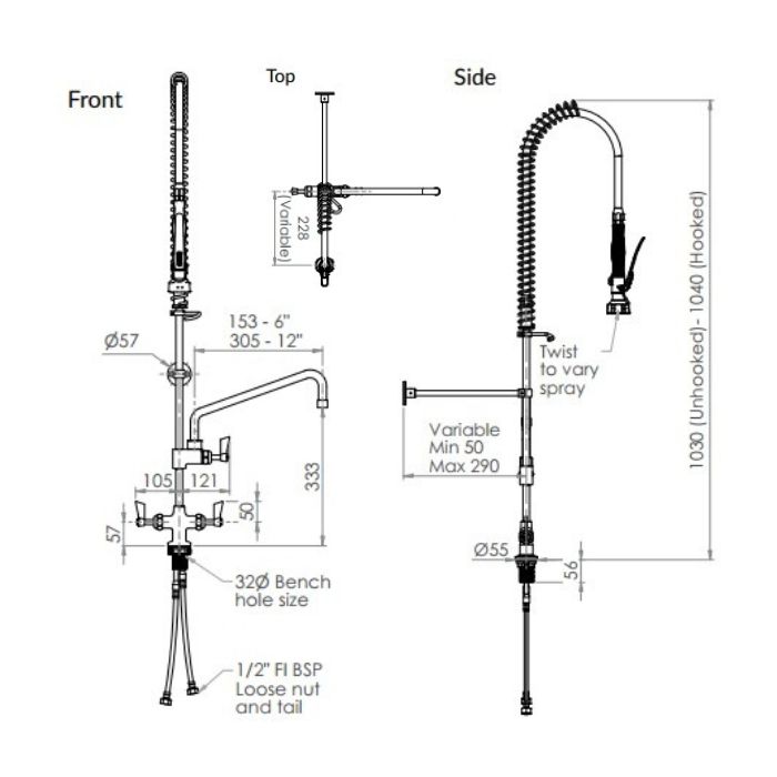Clean A Jet Dual Hob Mount Pre Rinse Tap 6" Pot Filler & Spray 3Monkeez T-3M53015  