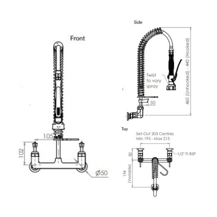 Clean A Jet Cafe Exposed Wall Mount Pre Rinse Tap & Spray 3Monkeez T-3M53430-C 