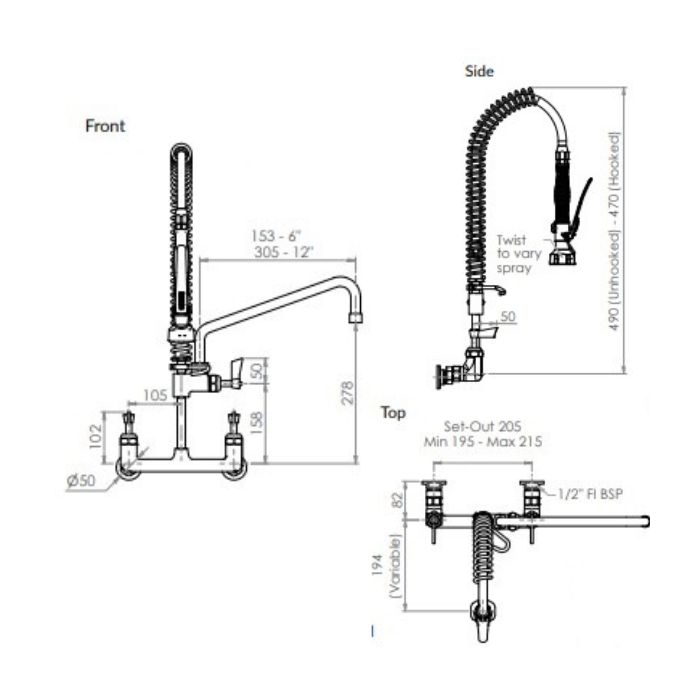 Clean A Jet Cafe Exposed Wall Mount Pre Rinse Tap 6" Pot Filler & Spray 3Monkeez T-3M53449-C