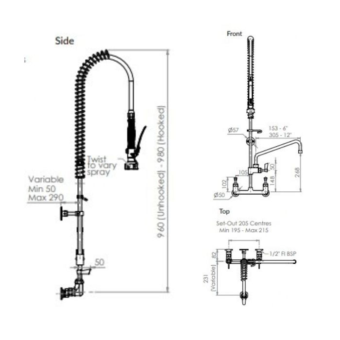 Clean A Jet Exposed Wall Mount Pre Rinse Tap 12" Pot Filler & Spray 3Monkeez T-3M53473