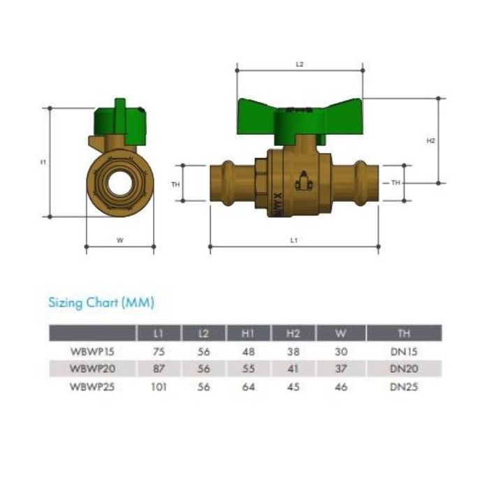 15mm Copper Press Water Ball Valve Butterfly Handle Watermark 1/2" WBWP15