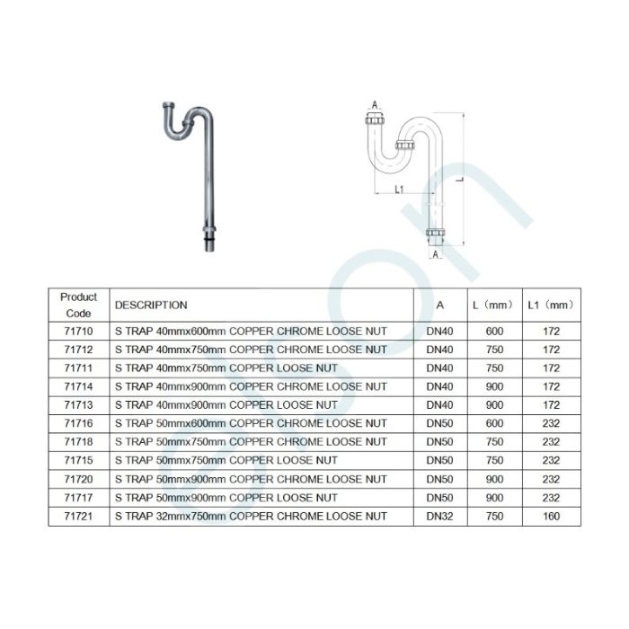 40mm S Trap Copper Chrome BSP Loose Nut 900mm Tail