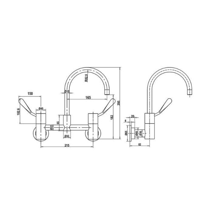 Gentec Cleanline 100mm Lever Wall Mount Exposed Set 165mm Curved Spout 4 Star 7.5L/Min CL10010