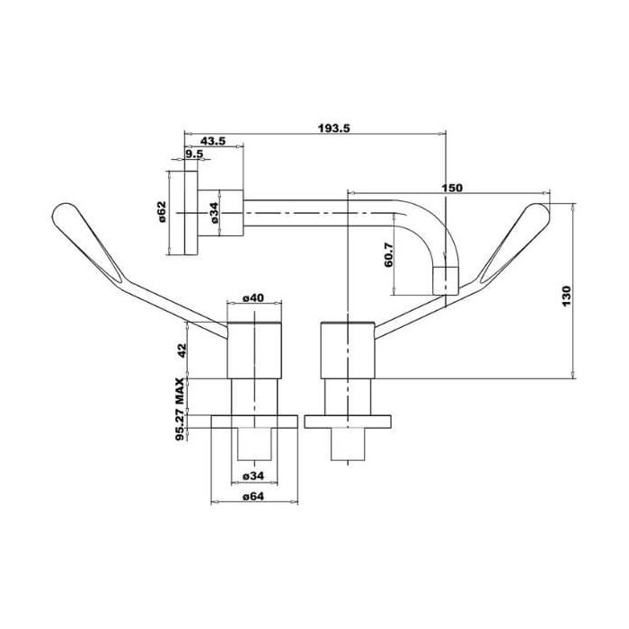Gentec Cleanline 150mm Lever Wall Mount Basin or Bath Set 192mm Fixed Spout 5 Star 6L/Min CL15040