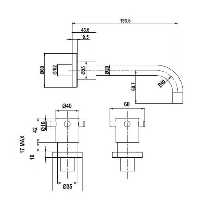 Gentec Cleanline Capstan Wall Mount Basin or Bath Set 192mm Fixed Spout 5 Star 6L/Min CAP0040