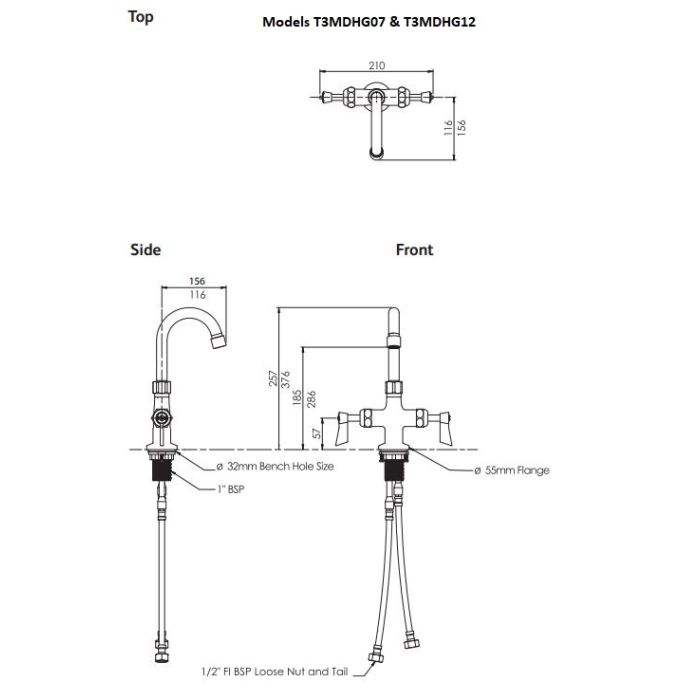 Guardian Dual Hob Mount Tap With 12" Gooseneck Spout Stainless T-3MDHG12