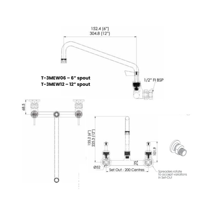 Guardian Exposed Dual Wall Mount Tap Set With 12" Swivel Spout Stainless T-3MEW12