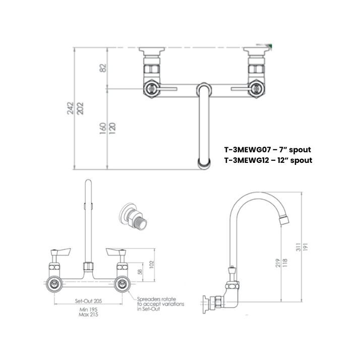Guardian Exposed Dual Wall Mount Tap Set With 12" Gooseneck Spout Stainless T-3MEWG12