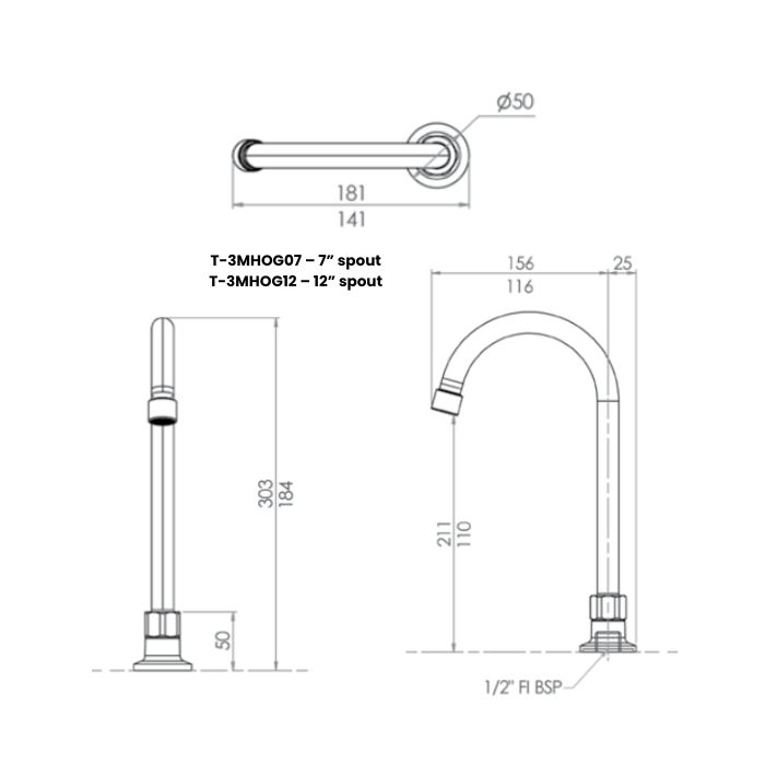 Guardian Hob Mount 12" Gooseneck Spout Stainless T-3MHOG12