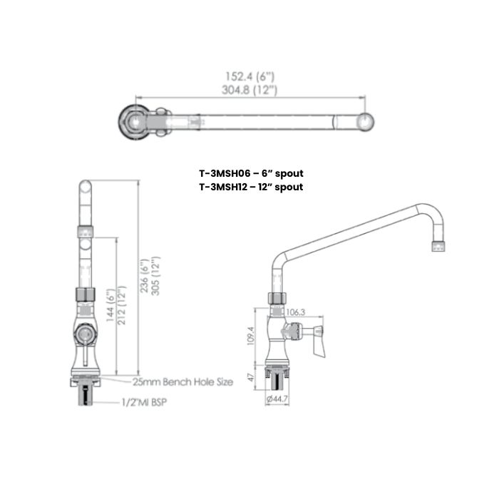 Guardian Single Hob Mount Tap With 6" Swivel Spout Stainless T-3MSH06