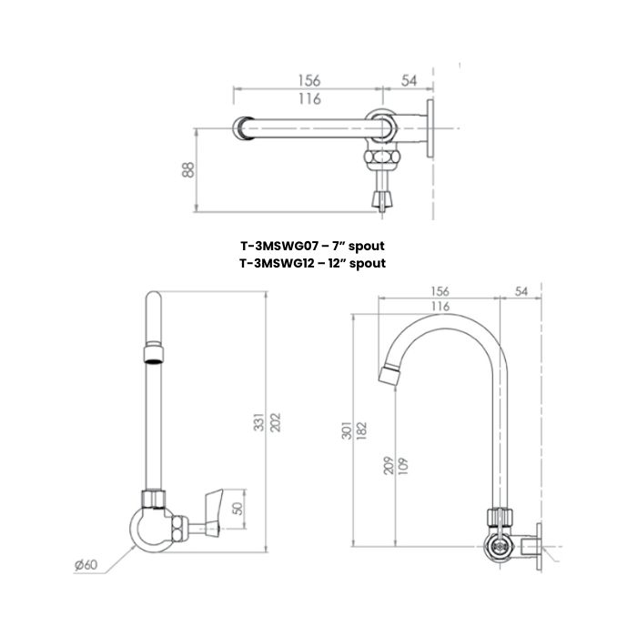 Guardian Single Wall Mount Tap With 7" Gooseneck Spout Stainless T-3MSWG07