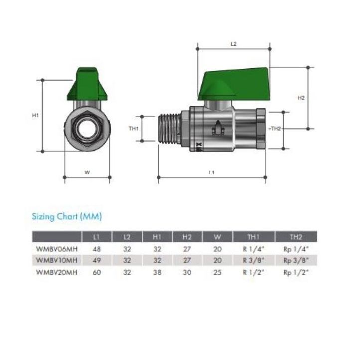 15mm WaterMark Mini Ball Valve Brass Male x Female 1/2" BSP WMBV15MH  