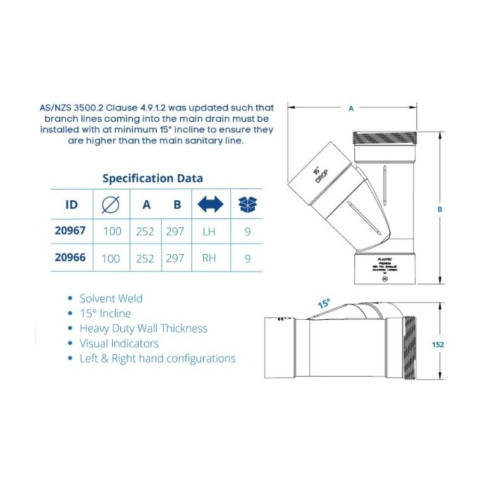 Jumpdown Drop Junction Left Hand 100mm X 45 Deg X 15 Deg PVC DWV 20967