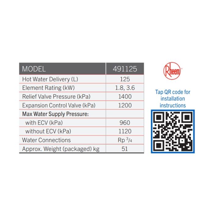Rheem 125 Litre 3.6kW Single Element Electric Hot Water Heater 491125G7