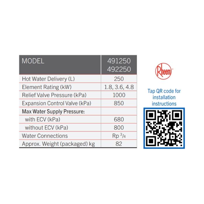 Rheem 250 Litre 3.6kW Single Element Electric Hot Water Heater 491250G7