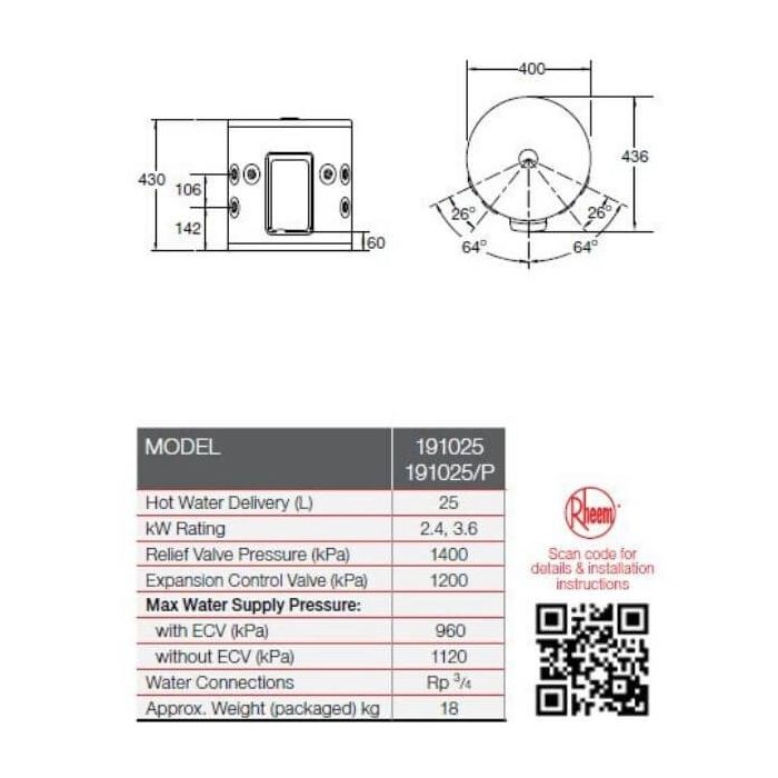 Rheem 25 Litre Electric Dual Handed Hot Water System Plug In 2.4Kw 191025