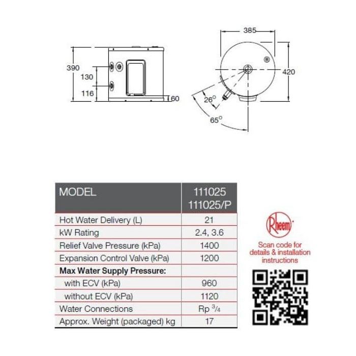 Rheem 25 Litre Electric Storage Hot Water System Plug In