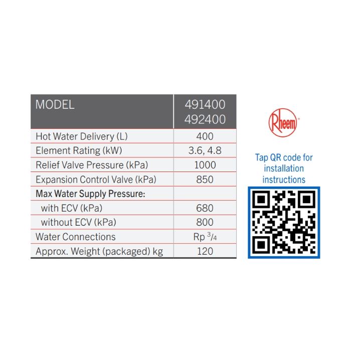 Rheem 400 Litre 3.6kW Twin Element Electric Hot Water Heater 492400G7