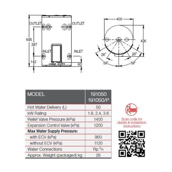 Rheem 50 Litre Electric Storage Hot Water System Plug In 2.4Kw 191050