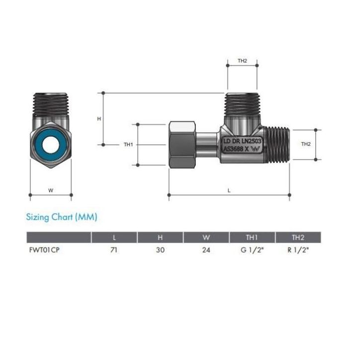 Water Filter Tee 15mm Swivel Nut x 15 Male BSP Chrome FWT01CP
